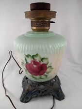 Vintage Hurricane Lamp Bottom Green With Pink Rose picture