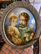 Antique Vintage Joseph & Child Jesus Oval Domed Reverse Glass Picture C. 1930’s picture