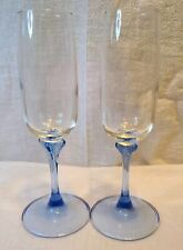 2 Vintage French Champagne Wine Glasses 7.5” Blue Clear Unique Connection Stem picture