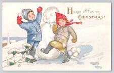 Postcard Christmas Children Dancing With Snowman Smoking Pipe  Signed MEP picture