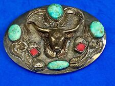 Turquoise & Coral Longhorn Western Belt Buckle By D.K.S. Dieter K.Stiglitz  picture