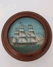 Vintage Round Wooden Trinket Box With Sailing Eglomise Ship picture