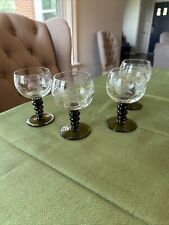 Vtg German Roemer Wine Glasses Etched Green Beehive Stem Grape MCM Set of 4 picture
