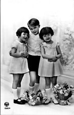 RPPC Smiling Children Flower Baskets c1920s photo postcard IQ4 picture