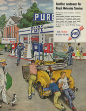 Teenage boys push jalopy to Pure Gasoline station pumps ad 1959 SEP picture