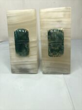 Vintage Hand Crafted Solid Polished Green & White Marble , Aztec Mayan Bookends picture