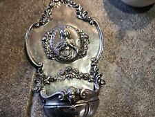 ANTIQUE PEWTER HOLY WATER FONT WALL PLAQUE OF OUR HOLY LADY MOTHER MARY-7.25” picture