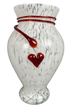 Art Glass Vase Hand Blown White w/Applied Red Heart Stripe Large 10