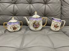 Vintage Antique Iridescent Porcelain 3 Piece Tea Set w/ Figures Decoration picture
