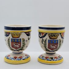 2-Vtg 1980 French Rouen Earthenware Egg Cups-Hand Painted Crest Faience Desvres picture
