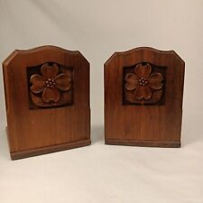 Bookends Solid Walnut Carved Dogwood Flowers Vtg 70s picture