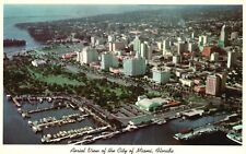 Vintage Postcard Aerial View Of City Buildings Harbor Boat Dock Miami Florida FL picture