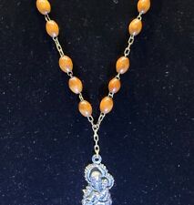 Vintage Virgin Mary & Baby Jesus Pendant & Necklace Catholic Wood Beaded 22” picture