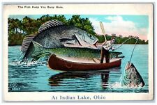 1933 Fish Keep Busy Here Indian Lake Exaggerated Russells Point Ohio OH Postcard picture