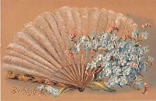 1910 Gilded Birthday Postcard of a Beautiful Fan With Forget-Me-Nots - No. 330 picture