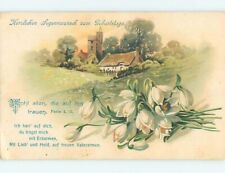 Pre-Linen foreign religious GERMAN BIBLE QUOTE & FLOWERS WITH CHURCH HL7387 picture