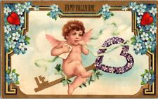 Valentine Lovers Heart Vintage Postcard Cupid Flying Key Love Message Delivery picture