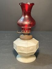 Vtg Miniature 8 Sided White Milk Glass Oil Lamp Lantern w/Flashed Red Chimney picture