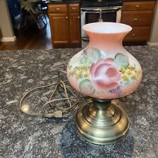 Vintage MCM Milk Glass Hurricane Table Lamp Painted Pink Roses Floral picture