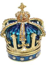 QIFU Hand Painted Enameled Blue Crown Style Decorative Hinged Jewelry Trnket Box picture