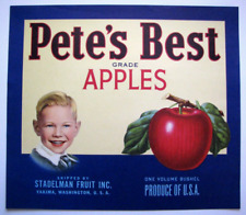Original PETE'S BEST apple crate label Stadelman Fruit Co Yakima WA smiling kid picture
