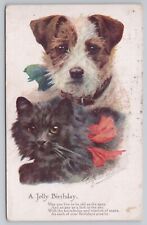 A Jolly Birthday - Dog and Black Cat 1918 London Artist Signed Eugenie M Valter picture
