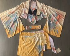 Vintage 100% Silk Made in Japan Altered Two Piece Floral Yellow Kimono picture