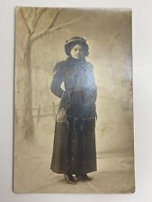 Woman Holding Mesh Purse Mink Coat Antique RPPC Real Photo Postcard picture