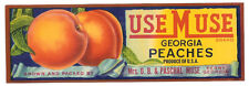 Vintage 1930's Original USE MUSE ORCHARDS Peach Fruit Crate Label PERRY GEORGIA picture