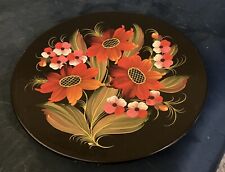 Antique Lacquer Ware Circular  Russian Black Floral Hand Painted Display Plate picture