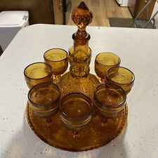 Mint VTG 1970s Tiara Amber Sandwich Indiana Glass Decanter Set 10 Pieces picture