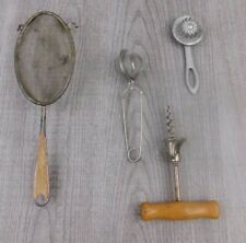 Lot 4 Vintage Kitchen Utensils Gadgets Tools Wood Handles Cork Opener Strainer  picture