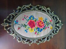 Vintage  Needlework Embroidery with Metal Gold tone Frame Flowers Bright Colors picture