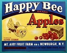 NOS Vintage 1950s Anthropomorphic Happy Bee Apples Crate Label Newburgh New York picture