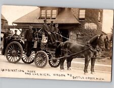 c1910 EARLY Horse Drawn Fire Truck Wagon Battle Creek Michigan MI RPPC Postcard picture