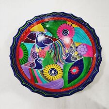 Vintage Mexican Talavera Pottery Footed Bowl Centerpiece Multicolor Blue Peacock picture