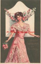 Birthday, Pretty Woman in Rose Color Dress Holding Roses picture