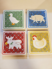 Set of 4 Vintage Country Calico Farm Animal Ceramic Tile Trivets  Coasters picture