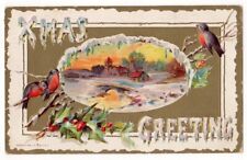 Xmas Greeting c1909 birds, holly leaves, rural scene, vintage embossed pc picture