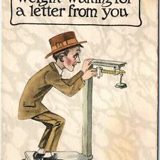 c1910s Losing Weight Waiting Skinny Man Platform Scale Comic Postcard Grain A80 picture
