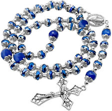 Deep Blue Crystal Beads Rosary Blue Agate Glory Stones Miraculous Medal & Cross picture