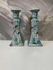 Beautiful Blue Pink Chinoiserie Chinese Birds and Flowers Candlesticks Holders. picture