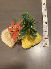 Vintage 4” Crocheted Christmas Bell & Holly Ornament: Yellow, Beige, Green & Red picture