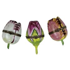 SET OF 3 - Limoges Rosebud Tulip Flower Trinket Boxes Rochard Peint Main France picture