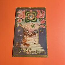 (1) Antique “A Joyous New Year” Flower & Deer Snowy Background Postcard 1911 picture