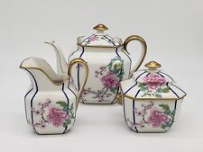 Antique Limoges 3pc Hand Painted Porcelain Teapot, Sugar & Creamer - Pink Floral picture