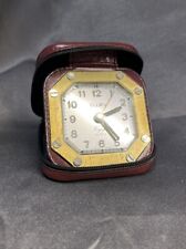 Elgin Voyage Quartz Travel Alarm Clock In Leather Case Germany Tested & Works picture