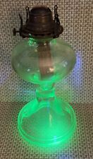 GLOWS Green Vaseline Uranium Depression Glass Oil Lamp 11 1/2”H Base 51/2” D picture