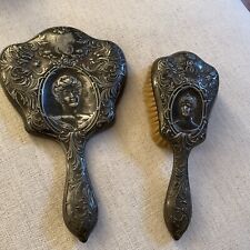Antique Silver Plated Hand Mirror And Brush, Initials picture