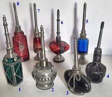 YOUR CHOICE Vintage Moroccan Glass PERFUME BOTTLES Embossed Metal picture